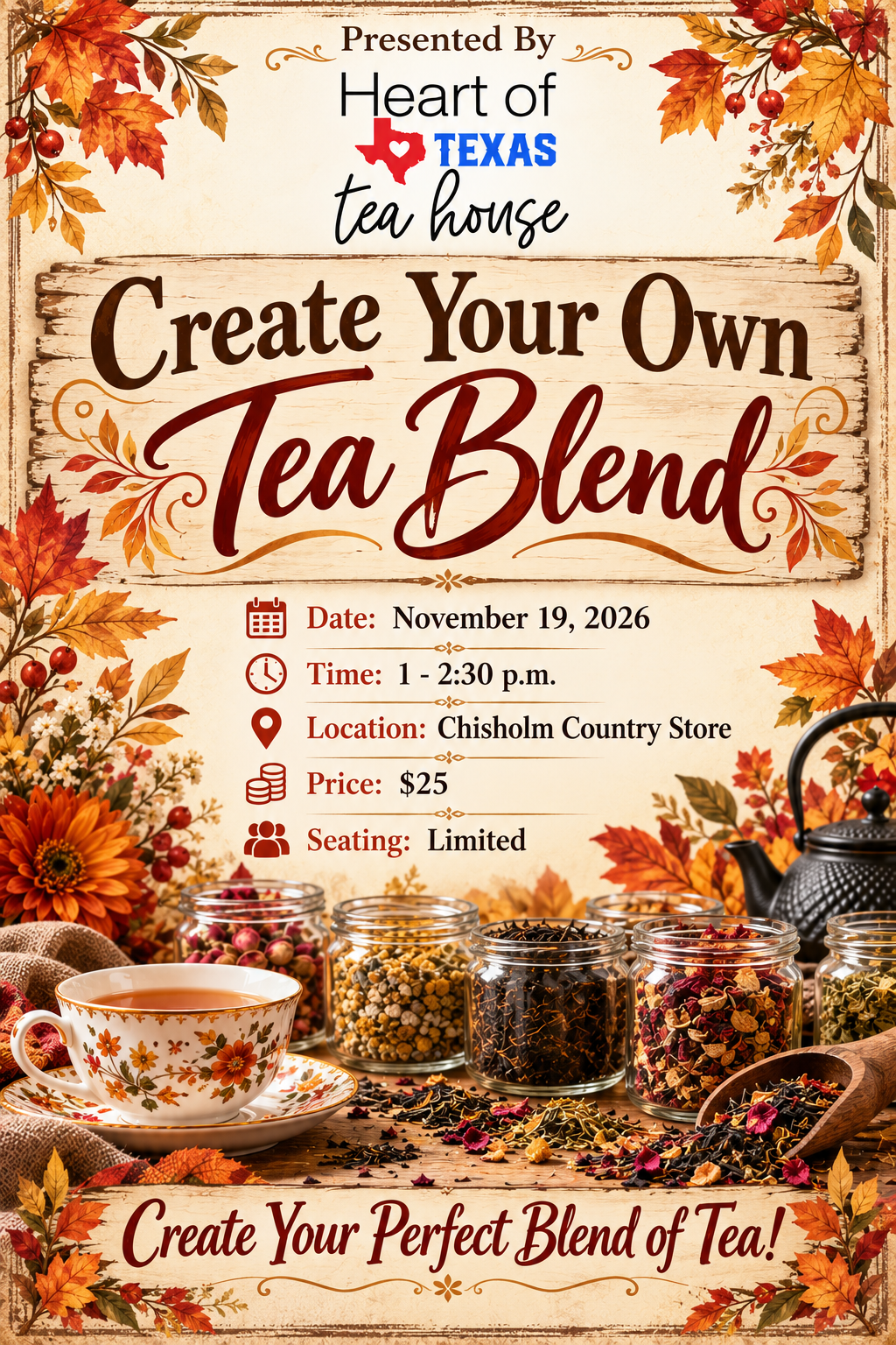 Register Here:  Create Your Own Tea Blend  with Heart of Texas Tea House | 11/19/2026 | 1 p.m. - 2:30 p.m.