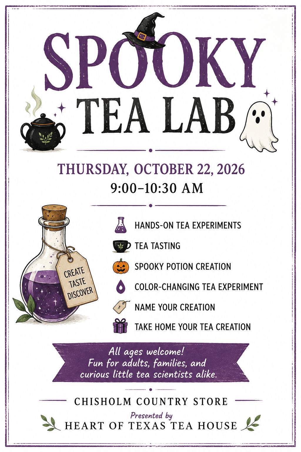 Register Here:  Spooky Tea Lab with Heart of Texas Tea House | 10/22/2026 | 9 a.m. - 10:30 a.m.