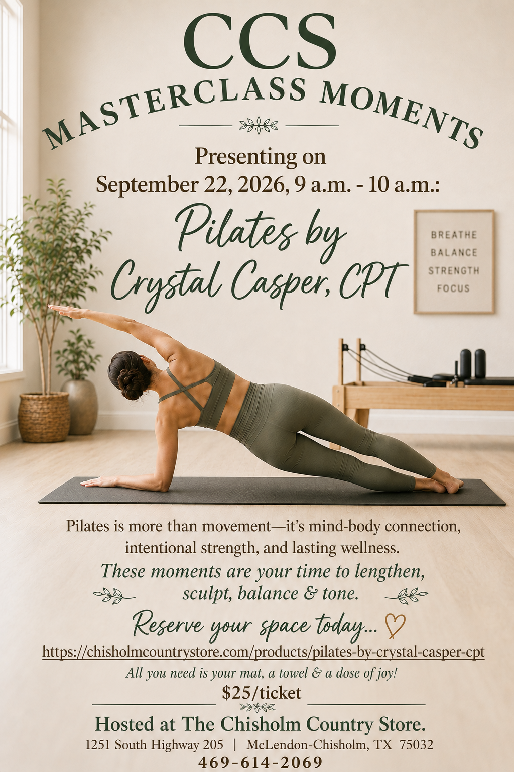 Register Here:  Pilates by Crystal Casper, CPT | 9/22/2026 | 9 a.m. - 10 a.m.